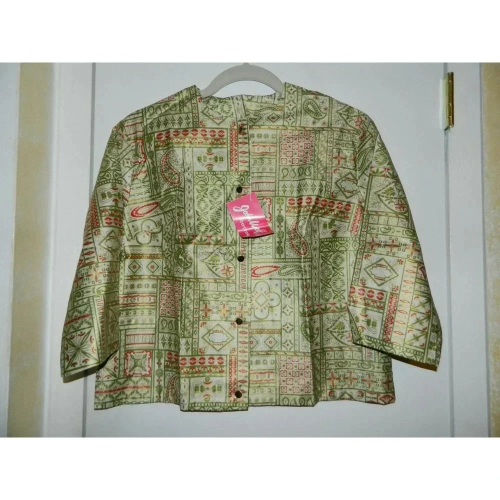 NWTs JOHN WOLF COTTONS Green Red Gold Tone Button Down Top Size 38
